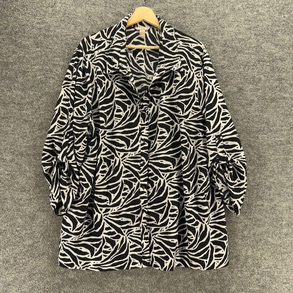 White Stag Shirt Women 4X Plus Black Geometric Button Up Collared 3/4 Sleeve